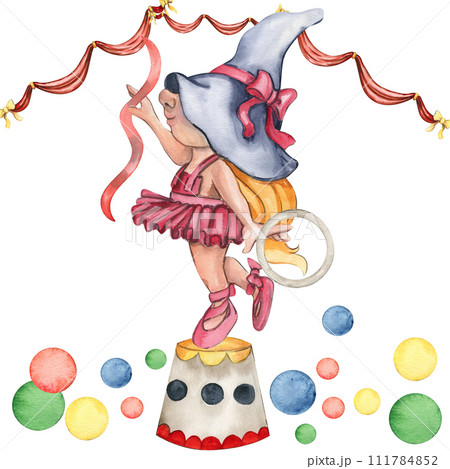 Composition of circus girl-gnome acrobat in vintage style. Watercolor hand drawn illustration perfect for wedding, invitations, blogs, card templates, birthday and baby cards, patterns, quotes 111784852