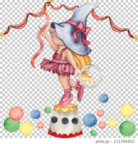 Composition of circus girl-gnome acrobat in vintage style. Watercolor hand drawn illustration perfect for wedding, invitations, blogs, card templates, birthday and baby cards, patterns, quotes 111784852