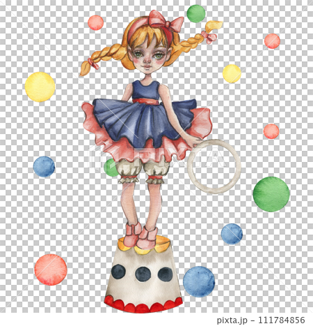 Composition of circus girl-gnome acrobat in vintage style. Watercolor hand drawn illustration perfect for wedding, invitations, blogs, card templates, birthday and baby cards, patterns, quotes 111784856