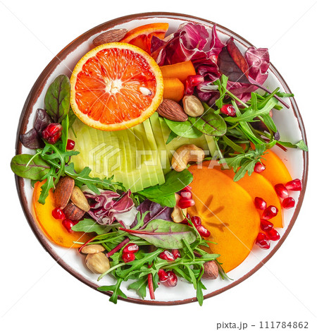 Healthy vegetarian salad vegan, detox bowl with avocado, persimmon, blood orange, nuts, spinach, arugula and pomegranate, balanced food Healthy vegetarian salad vegan, detox bowl with avocado, persimmon, blood orange, nuts, spinach, arugula and pomegranate, balanced food 111784862
