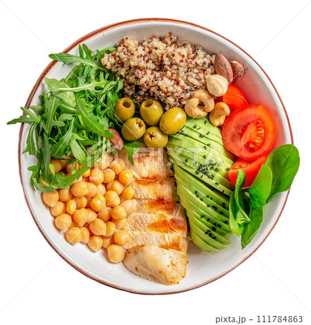 Healthy Salad plate with tomatoes, chickpeas, quinoa chicken breast and avocado isolated on white background. Concept healthy and balanced eating Healthy Salad plate with tomatoes, chickpeas, quinoa chicken breast and avocado isolated on white background. Concept healthy and balanced eating 111784863