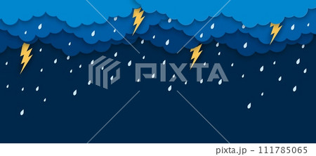 Paper cut rain clouds with lightnings and rain drops. Vector 3d papercut thunderstorm or storm weather background with water droplets falling from the dark cloudy sky and bright flash bolts sparkling Paper cut rain clouds with lightnings and rain drops. Vector 3d papercut thunderstorm or storm weather background with water droplets falling from the dark cloudy sky and bright flash bolts sparkling 111785065