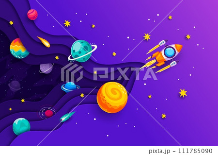 Universe space paper cut banner with rocket and galaxy planets, cartoon vector background. Rocket launch start up in outer space adventure to galactic stars in sky with paper cut planets and asteroids Universe space paper cut banner with rocket and galaxy planets, cartoon vector background. Rocket launch start up in outer space adventure to galactic stars in sky with paper cut planets and asteroids 111785090