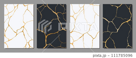Kintsugi golden cracks, black and white marble texture pattern. Vector vertical backgrounds blending elegant veins with gold seams, embodying the Japanese art of embracing imperfections 111785096