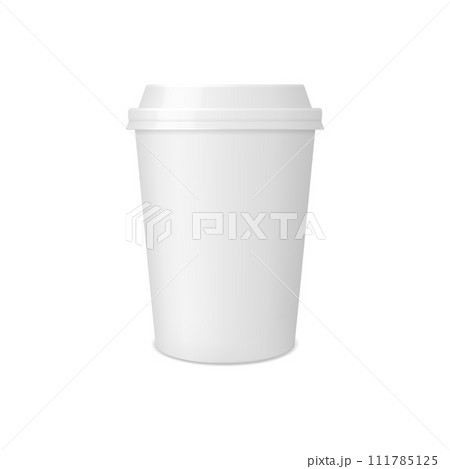 Realistic coffee paper cup and mug mockup, cardboard and plastic package. Isolated 3d vector white and eco-friendly pack with lid showcasing a modern, trendy design for branding and presentations 111785125