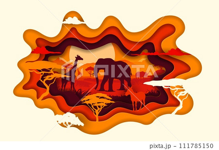 Africa paper cut landscape with animals and savannah trees at sunset. Vector silhouettes of safari elephant, giraffes, rhino and zebra, savanna plants and grass in 3d origami frame of red wavy layers Africa paper cut landscape with animals and savannah trees at sunset. Vector silhouettes of safari elephant, giraffes, rhino and zebra, savanna plants and grass in 3d origami frame of red wavy layers 111785150