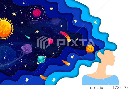 Woman with space hair, paper cut banner with cartoon galaxy planets, vector background. Galactic dream or space fantasy poster with woman and paper cut hair with comets and asteroids in starry sky 111785178