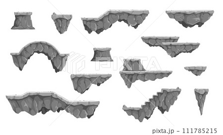 Cartoon isolated rock stone game platforms, vector UI interface assets for 2d arcade video or computer game map. Flying jumping platforms, floating islands, stairs and bridge of gray rocks and stones 111785215