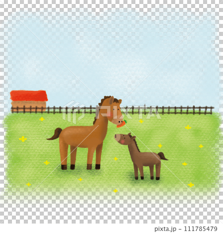 Illustration of a parent and child of horses playing on a ranch Illustration of a parent and child of horses playing on a ranch 111785479