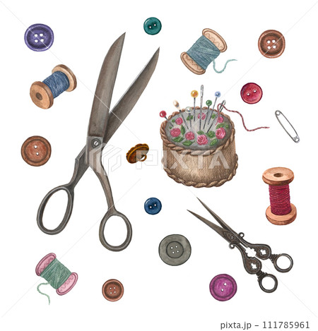 Watercolor sewing kit. Set of various vintage objects for sewing, handicraft and handmade. 111785961