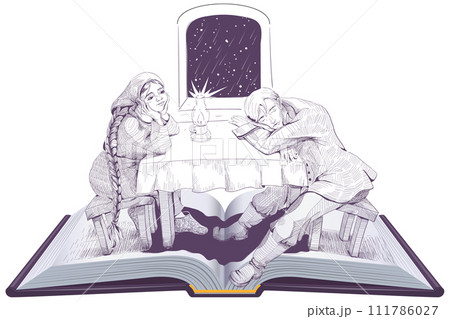 Witch story chekhov writer open book illustration man and woman page 111786027