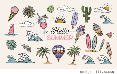 Summer icon set, hand drawn illustration.	 111786630
