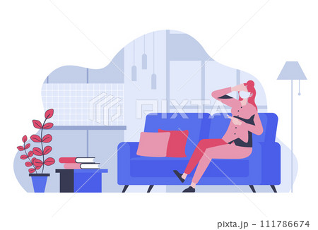 Stay at home concept with cartoon people in flat design for web. Woman in medical mask with ill symptoms staying room for quarantine. Vector illustration for social media banner, marketing material. 111786674