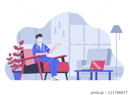 Stay at home concept with cartoon people in flat design for web. Man in mask sitting at room while coronavirus epidemic quarantine. Vector illustration for social media banner, marketing material. Stay at home concept with cartoon people in flat design for web. Man in mask sitting at room while coronavirus epidemic quarantine. Vector illustration for social media banner, marketing material. 111786677