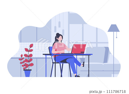 App development concept with cartoon people in flat design for web. Woman creating software and mobile applications working at laptop. Vector illustration for social media banner, marketing material. 111786718