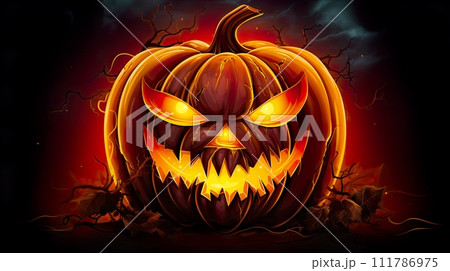 Halloween pumpkin with scary face on dark background. Vector illustration. Generate Ai 111786975