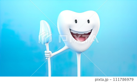 tooth character with happy expression on blue background. 3d illustration . Generate Ai 111786979