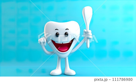 tooth character with happy expression on blue background. 3d illustration . Generate Ai 111786980