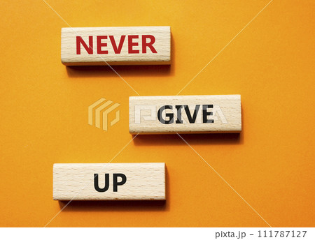 Never give up symbol. Concept words Never give up on wooden blocks. Beautiful orange green background. Business and Never give up concept. Copy space. 111787127