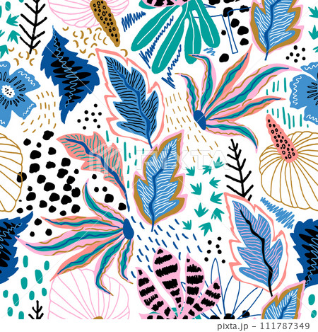 Seamless tropical pattern with hand drawn plants, leaves and exotic flowers. Jungle summer background. Perfect for fabric design, digital papers, wallpaper, apparel. Vector illustration Seamless tropical pattern with hand drawn plants, leaves and exotic flowers. Jungle summer background. Perfect for fabric design, digital papers, wallpaper, apparel. Vector illustration 111787349