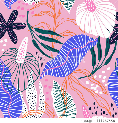 Seamless tropical pattern with hand drawn plants, leaves and exotic flowers. Jungle pink summer background. Perfect for fabric design, wallpaper, apparel. Vector illustration 111787350