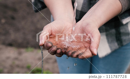 agriculture, Farmer washes hands clean water, clean transparent water, cleanse skin, hand cool water, flows drop wet freshness, adult man, splashes fly different, directions ecological lifestyle, Farm 111787728