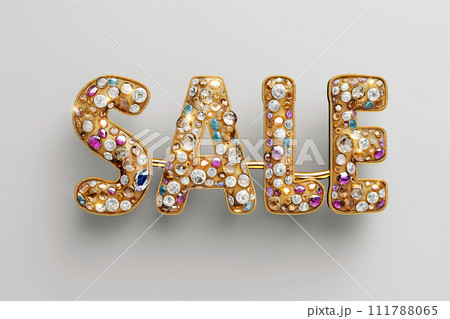 The word SALE made of sparkling diamonds and precious gemstones. Sale, discount symbol. Fashion accessories and jewelry sale card for social media promotion. Black Friday sale, shopping season banner 111788065