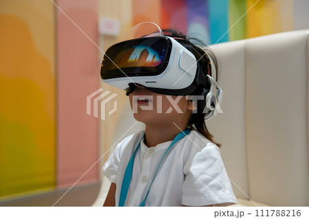 AI-generated content. Twchnology in Medicine - child wearing VR sets for rehabilitation 111788216