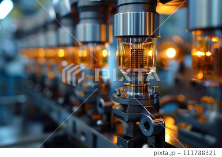 AI-generated content. Close-up of new metal parts for repair and creation of equipment. Close-up of glass cylinders with screw threads on a conveyor belt against a blurred background of a production 111788321