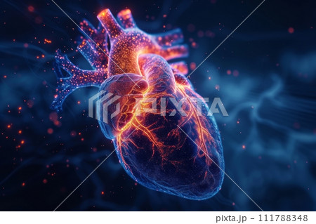 AI-generated content. Futuristic hologram of a human heart, illuminated in orange on a dark blue background with bright orange lights. The concept of innovation in cardiology, the study of diseases AI-generated content. Futuristic hologram of a human heart, illuminated in orange on a dark blue background with bright orange lights. The concept of innovation in cardiology, the study of diseases 111788348