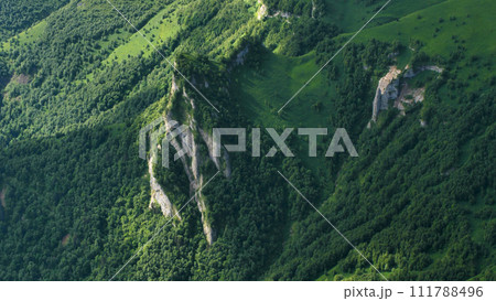 Rocks sticking out of a low forest in the mountains. Mountains covered with green grass. Beautiful majestic rock ledges on the mountainside. View from above. 111788496