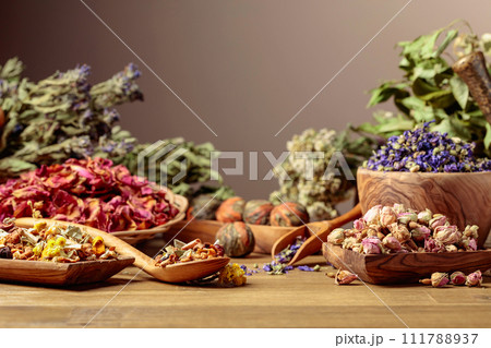 Herbal tea mix and various dried medicinal plants. Herbal tea mix and various dried medicinal plants. 111788937