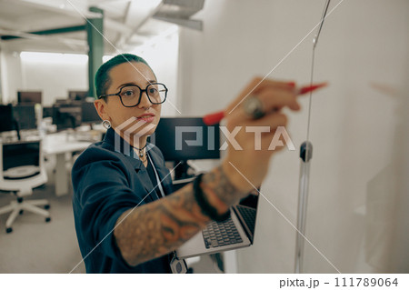 Pretty tattooed female manager is making notes on flipchart on modern coworking background Pretty tattooed female manager is making notes on flipchart on modern coworking background 111789064