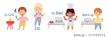 Children Cooking in Kitchen Demonstrate Action Verb Vector Set 111789253