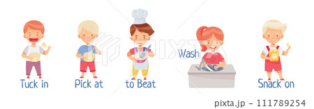 Children Cooking in Kitchen Demonstrate Action Verb Vector Set Children Cooking in Kitchen Demonstrate Action Verb Vector Set 111789254