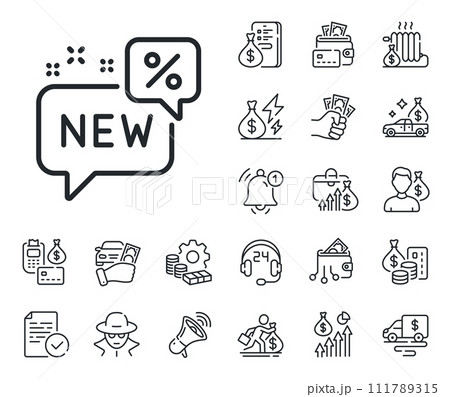 Sale shopping sign. Cash money, loan and mortgage outline icons. New discount line icon. Clearance symbol. New line sign. Credit card, crypto wallet icon. Inflation, job salary. Vector 111789315