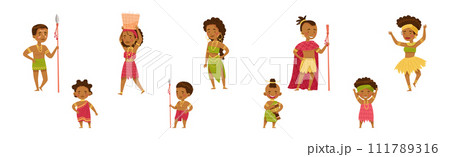 African Tribe People Character with Native Man and Woman with Kid Vector Set 111789316