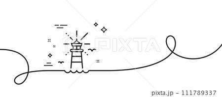 Lighthouse line icon. Continuous one line with curl. Beacon tower sign. Searchlight building symbol. Lighthouse single outline ribbon. Loop curve pattern. Vector Lighthouse line icon. Continuous one line with curl. Beacon tower sign. Searchlight building symbol. Lighthouse single outline ribbon. Loop curve pattern. Vector 111789337