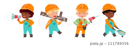 Kids Builder Character Wearing Uniform and Hardhat with Professional Tool Vector Set 111789356
