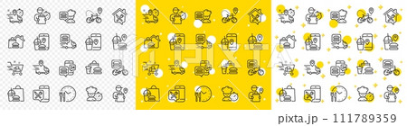 Courier, Deliveryman, Grocery retail. Food delivery line icons. Delivery truck, meal bag, home food order icons. Cart deliver, contactless service, courier location. Fast food package. Vector 111789359