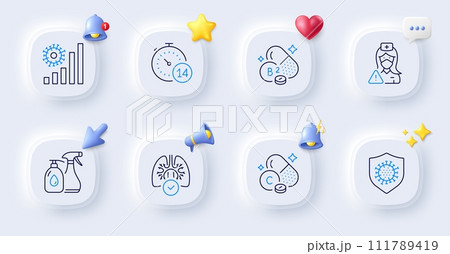 Vitamin c, Coronavirus statistics and Lungs line icons. Buttons with 3d bell, chat speech, cursor. Pack of Cleaning liquids, Nurse, Riboflavin vitamin icon. Quarantine, Coronavirus pictogram. Vector Vitamin c, Coronavirus statistics and Lungs line icons. Buttons with 3d bell, chat speech, cursor. Pack of Cleaning liquids, Nurse, Riboflavin vitamin icon. Quarantine, Coronavirus pictogram. Vector 111789419