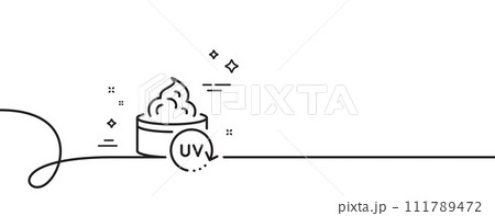 Uv protection cream line icon. Continuous one line with curl. Skin care sign. Cosmetic lotion symbol. Uv protection single outline ribbon. Loop curve pattern. Vector Uv protection cream line icon. Continuous one line with curl. Skin care sign. Cosmetic lotion symbol. Uv protection single outline ribbon. Loop curve pattern. Vector 111789472