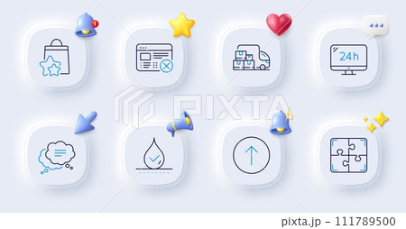 Reject web, 24h service and Delivery truck line icons. Buttons with 3d bell, chat speech, cursor. Pack of Puzzle, Swipe up, Text message icon. Loyalty points, Waterproof pictogram. Vector Reject web, 24h service and Delivery truck line icons. Buttons with 3d bell, chat speech, cursor. Pack of Puzzle, Swipe up, Text message icon. Loyalty points, Waterproof pictogram. Vector 111789500
