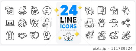 Icons set of Petrol station, Discounts offer and Risk management line icons pack for app with Puzzle, Share, Targeting thin outline icon. Sale tag, Honor, Shield pictogram. Vector 111789524