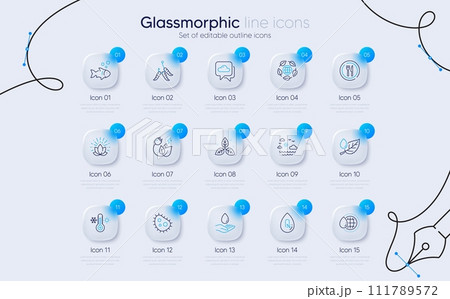 Set of World water, Fair trade and Water care line icons for web app. Eco organic, Fish, Weather forecast icons. Lotus, Thermometer, Food signs. Leaf dew, Bacteria, Travel sea. Vector 111789572