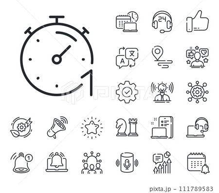 Stopwatch time sign. Place location, technology and smart speaker outline icons. Timer 1 minute line icon. Countdown clock symbol. Timer line sign. Influencer, brand ambassador icon. Vector Stopwatch time sign. Place location, technology and smart speaker outline icons. Timer 1 minute line icon. Countdown clock symbol. Timer line sign. Influencer, brand ambassador icon. Vector 111789583
