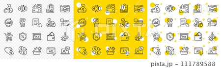 Outline Wallet, Update data and Vip shopping line icons pack for web with Donation, Ad, Sale line icon. Cross sell, Money exchange, Launder money pictogram icon. Savings insurance. Vector Outline Wallet, Update data and Vip shopping line icons pack for web with Donation, Ad, Sale line icon. Cross sell, Money exchange, Launder money pictogram icon. Savings insurance. Vector 111789588