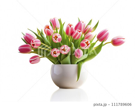 Bouquet of spring tulips pink and yellow in a white ceramic vase. Congratulations on Mother's Day, Easter, March 8 Bouquet of spring tulips pink and yellow in a white ceramic vase. Congratulations on Mother's Day, Easter, March 8 111789606