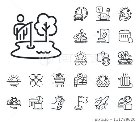 Fisherman with rod sign. Plane jet, travel map and baggage claim outline icons. Fishing place line icon. Lake with tree symbol. Fishing place line sign. Car rental, taxi transport icon. Vector Fisherman with rod sign. Plane jet, travel map and baggage claim outline icons. Fishing place line icon. Lake with tree symbol. Fishing place line sign. Car rental, taxi transport icon. Vector 111789620