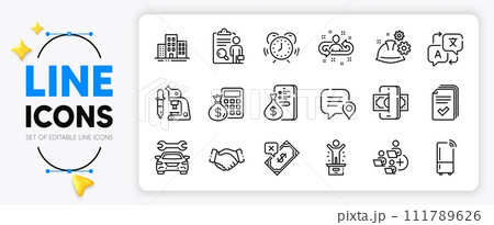 Finance calculator, Phishing and Translate line icons set for app include Buildings, Add team, Chat bubble outline thin icon. Money, Handout, Inspect pictogram icon. Time management. Vector Finance calculator, Phishing and Translate line icons set for app include Buildings, Add team, Chat bubble outline thin icon. Money, Handout, Inspect pictogram icon. Time management. Vector 111789626